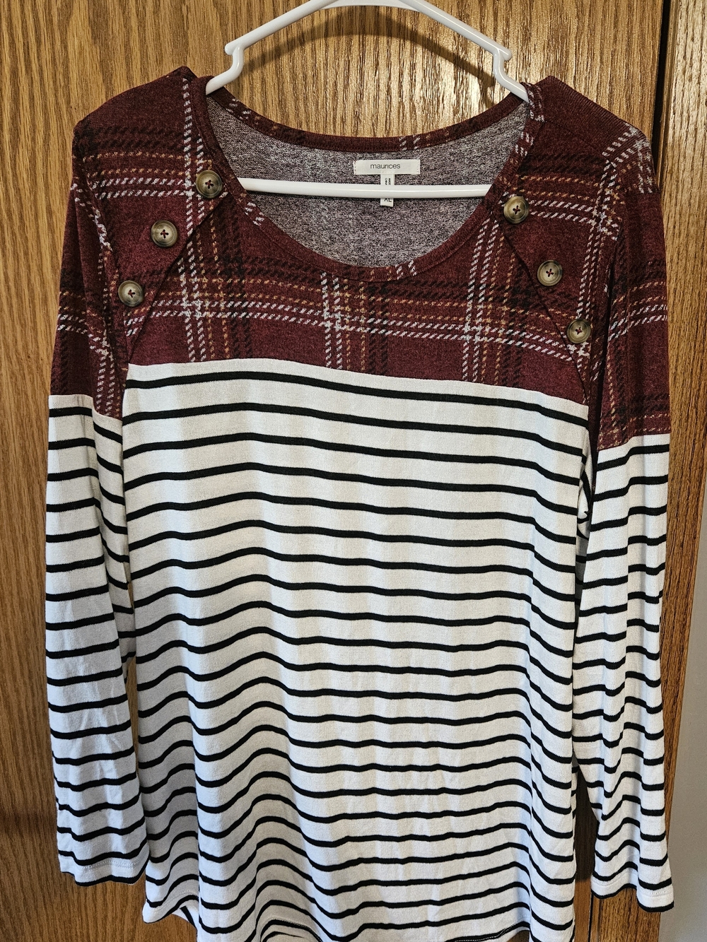 Maurices Burgundy Plaid & Black-White Striped Button Shoulder Tunic